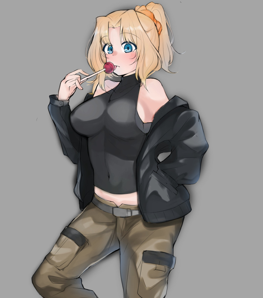 1girl, :p, absurdres, antyobi0720, belt, black_jacket, black_shirt, blonde_hair, blue_eyes, brown_pants, candy, casual, eyebrows_visible_through_hair, food, girls_und_panzer, grey_background, grey_belt, hair_intakes, hair_ornament, hair_scrunchie, hair_up, halterneck, highres, holding, holding_candy, holding_food, holding_lollipop, jacket, kay_(girls_und_panzer), licking, lollipop, long_sleeves, looking_at_viewer, medium_hair, midriff, navel, off_shoulder, open_clothes, open_jacket, orange_scrunchie, pants, ponytail, scrunchie, shirt, simple_background, solo, standing, tongue, tongue_out