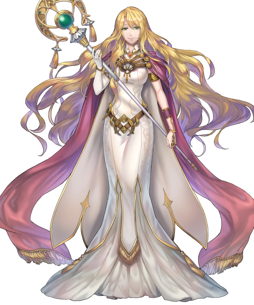 1girl, bangs, belt, blonde_hair, breasts, cape, dress, elbow_gloves
