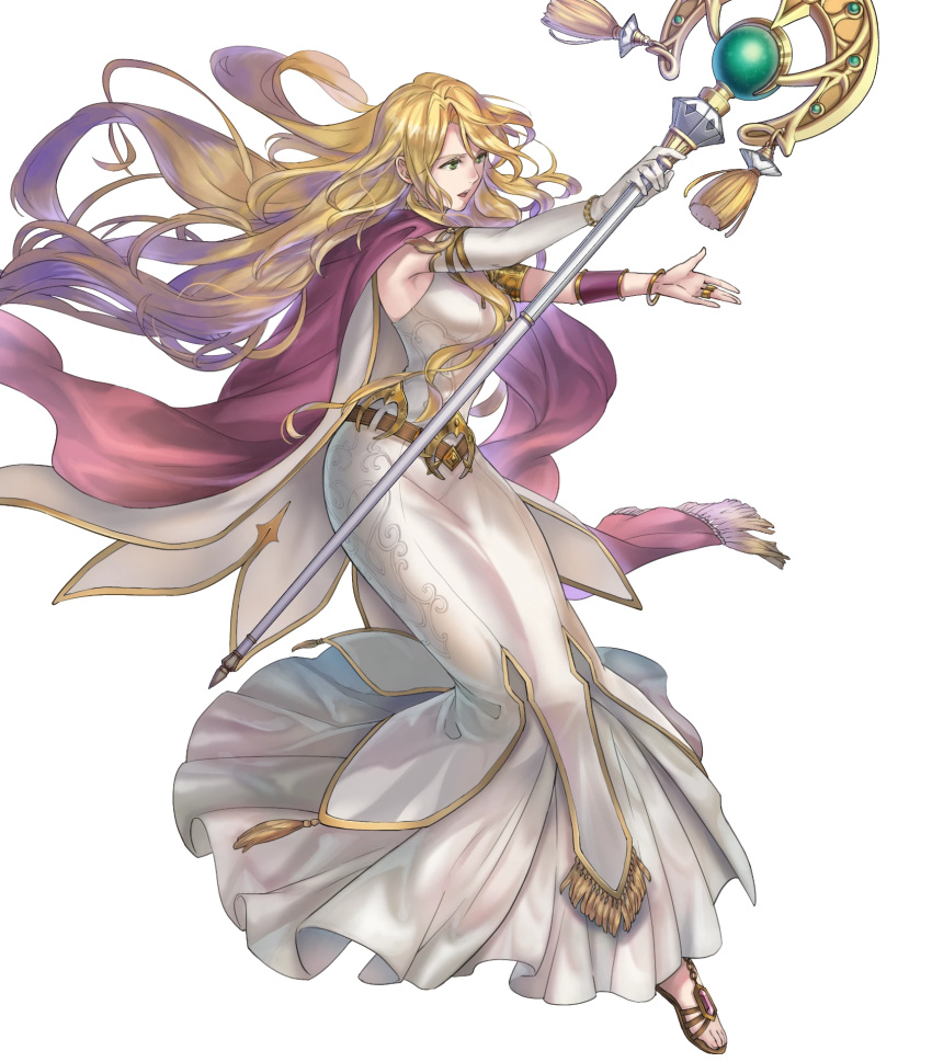 1girl, bangs, belt, blonde_hair, breasts, cape, dress, elbow_gloves