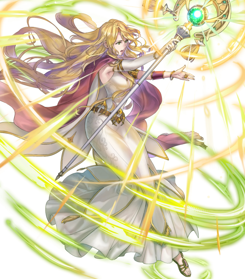 1girl, bangs, belt, blonde_hair, breasts, cape, dress, elbow_gloves