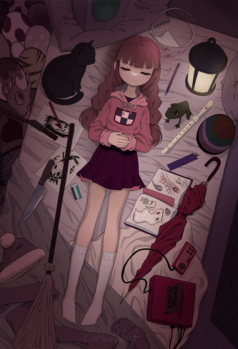 1girl, bangs, bed_sheet, black_cat, blood, blood_splatter, blunt_bangs, bookmark