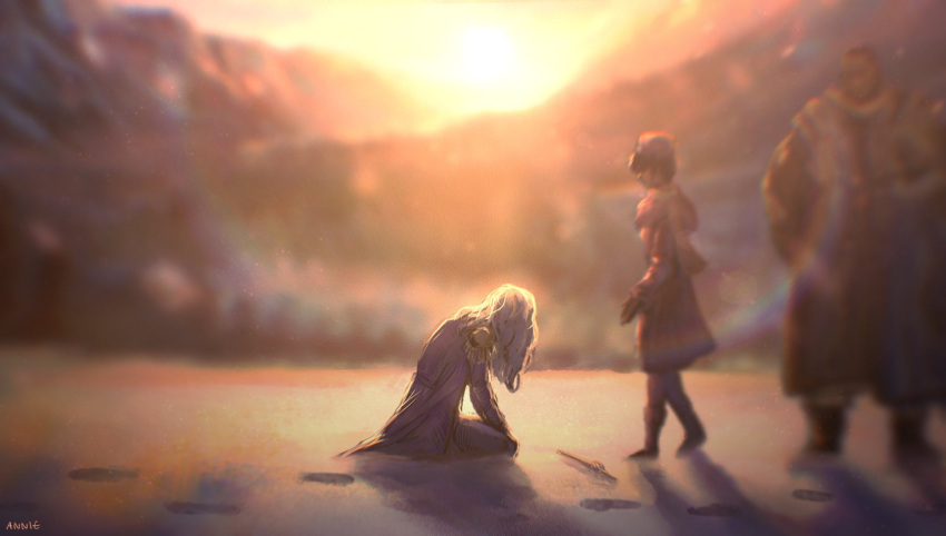 1girl, 2boys, anniechromes, berserk, casca_(berserk), epaulettes, footprints, full_body