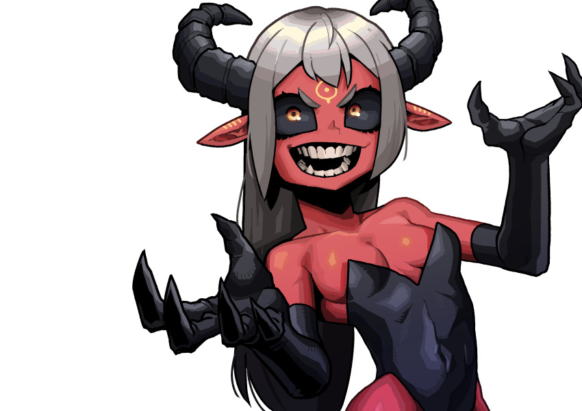 1girl, absurdres, bare_shoulders, black_gloves, black_horns, black_sclera, claws, cocomayo29_(tomato)