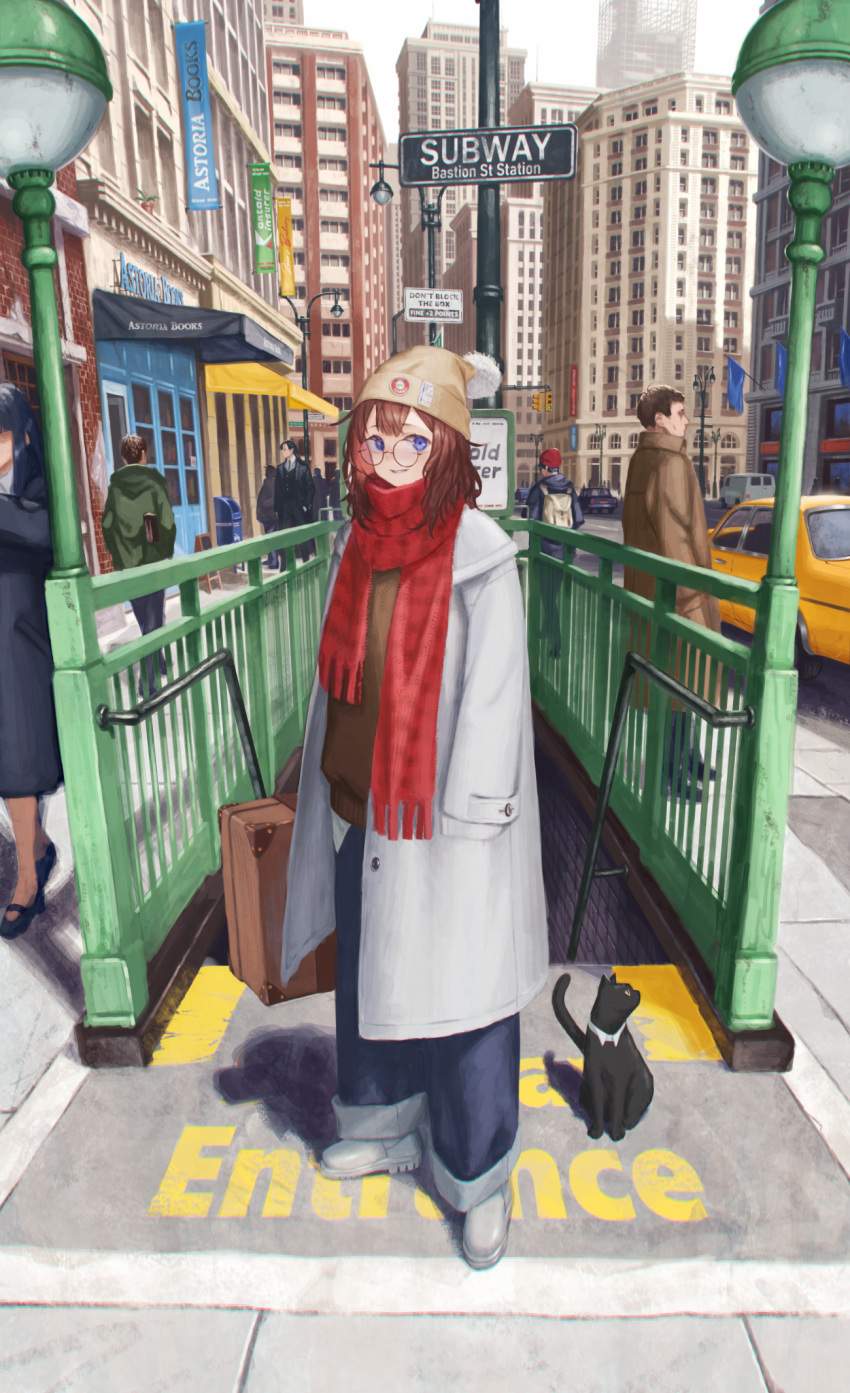 1girl, bangs, banner, beanie, black_cat, blue_eyes, boots, brown_hair