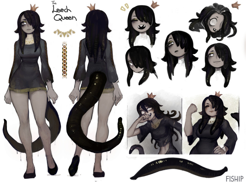 1girl, black_dress, black_footwear, black_hair, character_name, closed_mouth, colored_skin, contrapposto