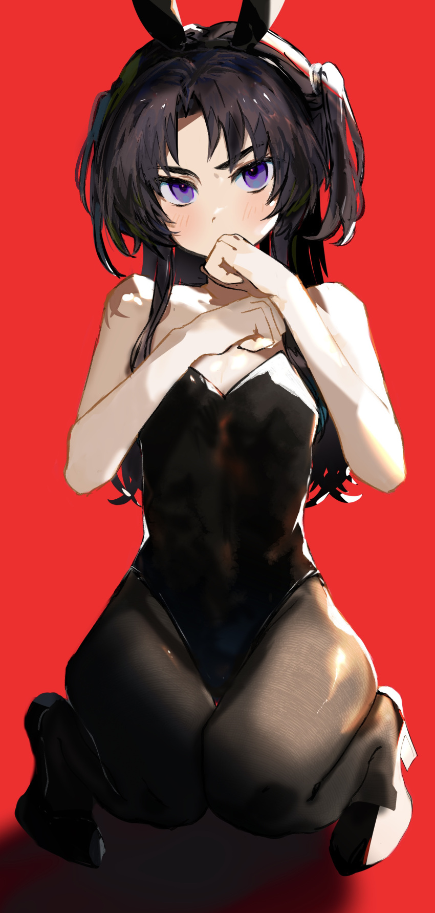 1boy, absurdres, animal_ears, bare_shoulders, black_footwear, black_hair, black_hairband, blush, brown_legwear, covering_mouth, crossdressing, fake_animal_ears, hairband, hand_over_own_mouth, high_heels, highres, imamiya_pinoko, long_hair, male_focus, male_playboy_bunny, original, otoko_no_ko, pantyhose, rabbit_ears, red_background, simple_background, solo, squatting, twintails, violet_eyes