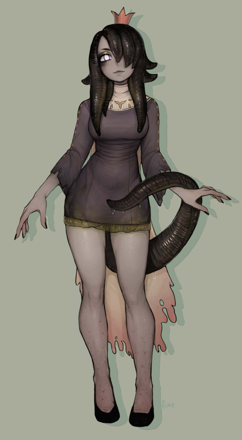 1girl, absurdres, black_hair, black_nails, closed_mouth, colored_skin, contrapposto, crown