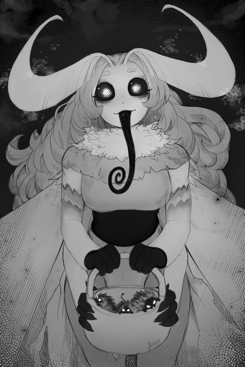 1girl, absurdres, antennae, arthropod_girl, artist_name, basket, black_tongue, bug, curly_hair, extra_arms, fur_collar, greyscale, halloween, highres, long_hair, long_tongue, looking_at_viewer, matilda_fiship, monochrome, monster_girl, moth, moth_girl, mother_lumi_(matilda_fiship), original, smile, solo, tongue