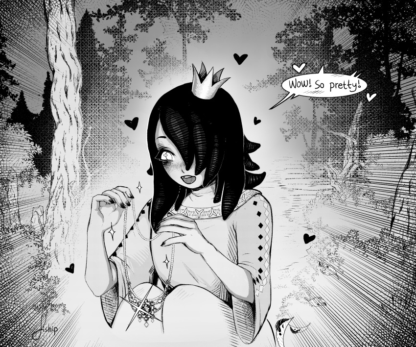 1girl, :d, absurdres, blush, crown, emphasis_lines, english_commentary, english_text