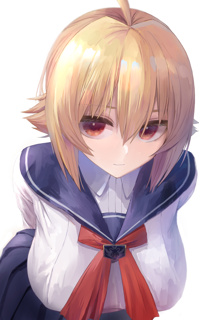 1girl, ahoge, arms_behind_back, bangs, blazblue, blonde_hair, braid, breasts