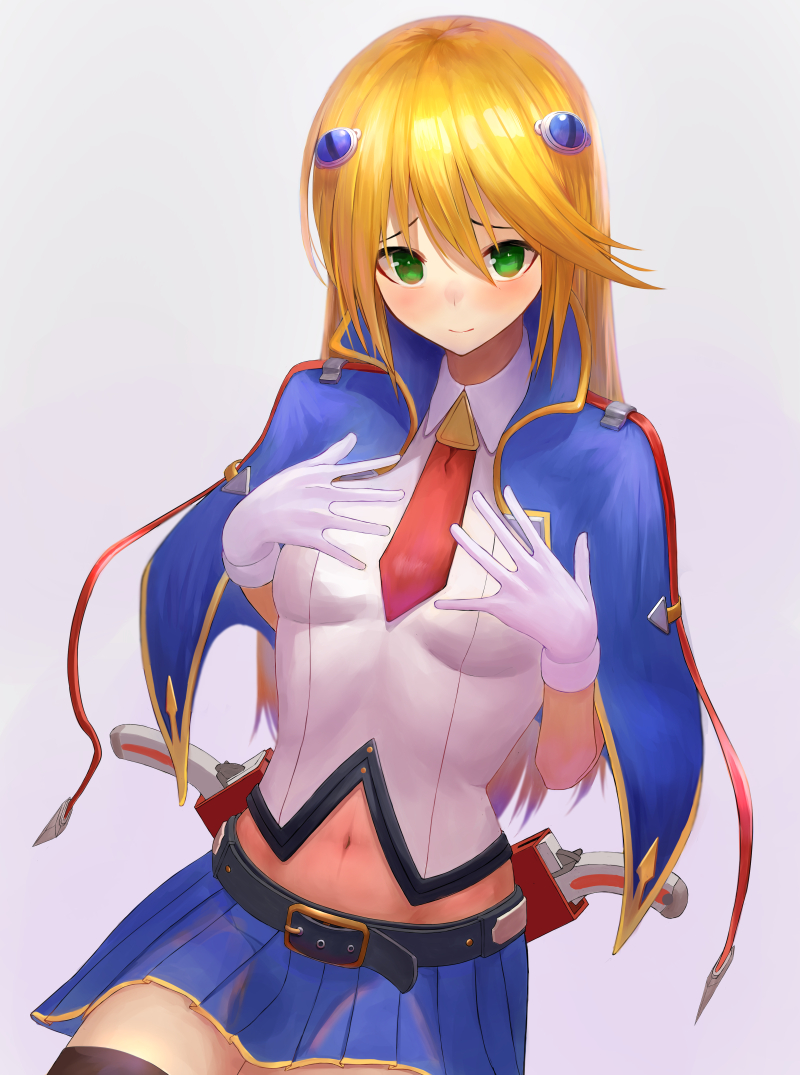 1girl, backless_outfit, bare_shoulders, belt, black_legwear, blazblue, blonde_hair, blush