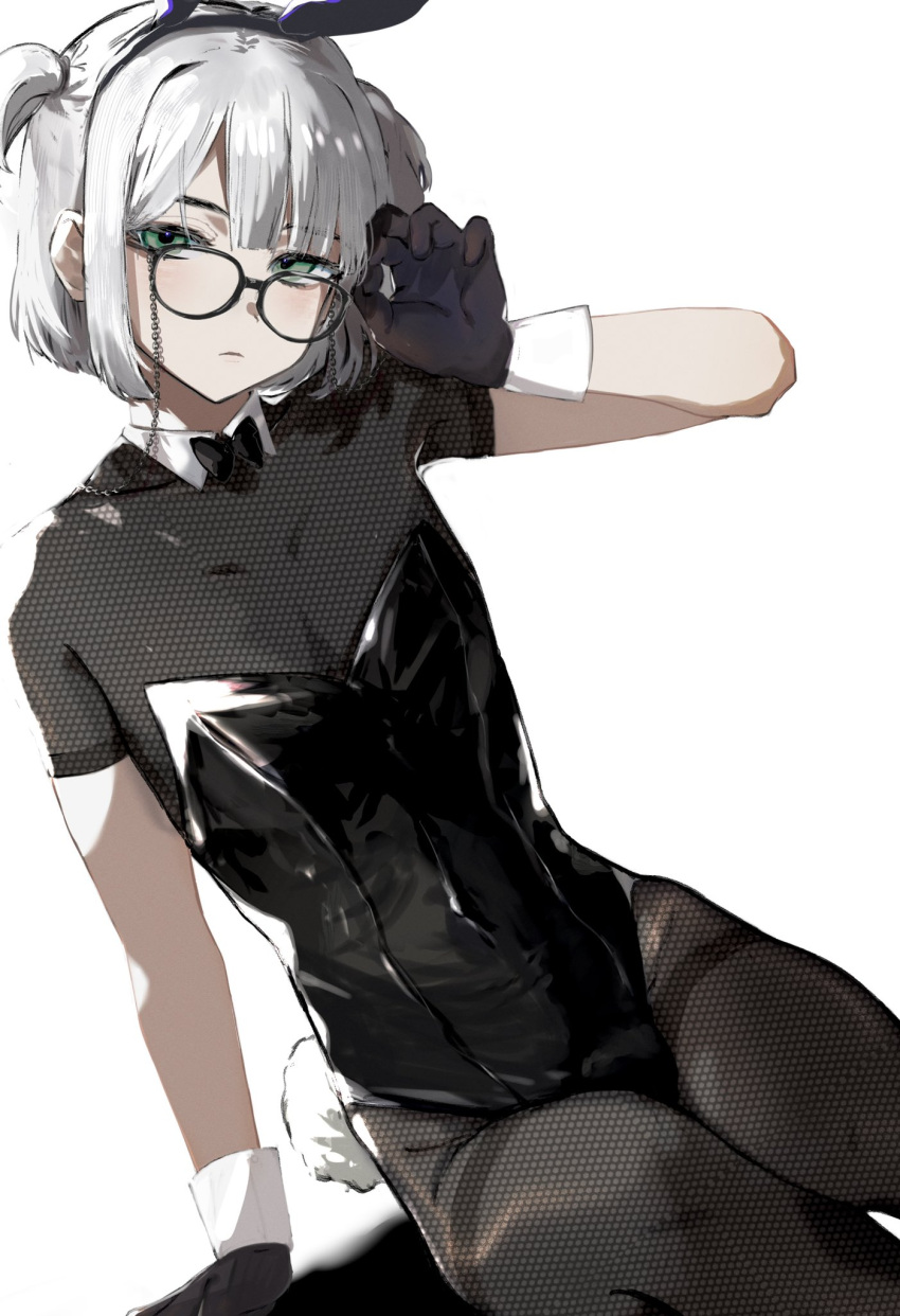 1boy, adjusting_eyewear, animal_ears, bad_id, bad_twitter_id, black-framed_eyewear, black_gloves, black_headband, black_neckwear, bow, bulge, chain, covered_navel, fake_animal_ears, fake_tail, fishnet_legwear, fishnets, glasses, gloves, green_eyes, grey_hair, half-closed_eyes, headband, highres, imamiya_pinoko, looking_at_viewer, male_focus, male_playboy_bunny, original, otoko_no_ko, rabbit_ears, rabbit_tail, short_hair, simple_background, solo, tail, twintails, white_background
