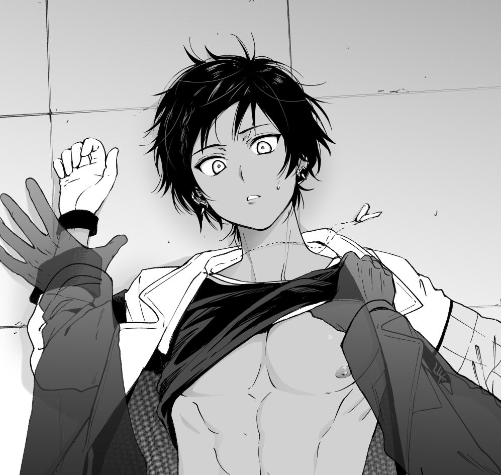 1boy, 1other, abs, arknights, bangs, clothes_lift, coat, commentary_request, dark-skinned_male, dark_skin, doctor, earclip, gloves, greyscale, jewelry, lifted_by_another, long_sleeves, looking_at_viewer, male_focus, moboj13, monochrome, necklace, nipples, on_floor, open_clothes, open_coat, parted_lips, pectorals, pov, shirt_lift, solo_focus, sweat, thorns_(arknights), upper_body
