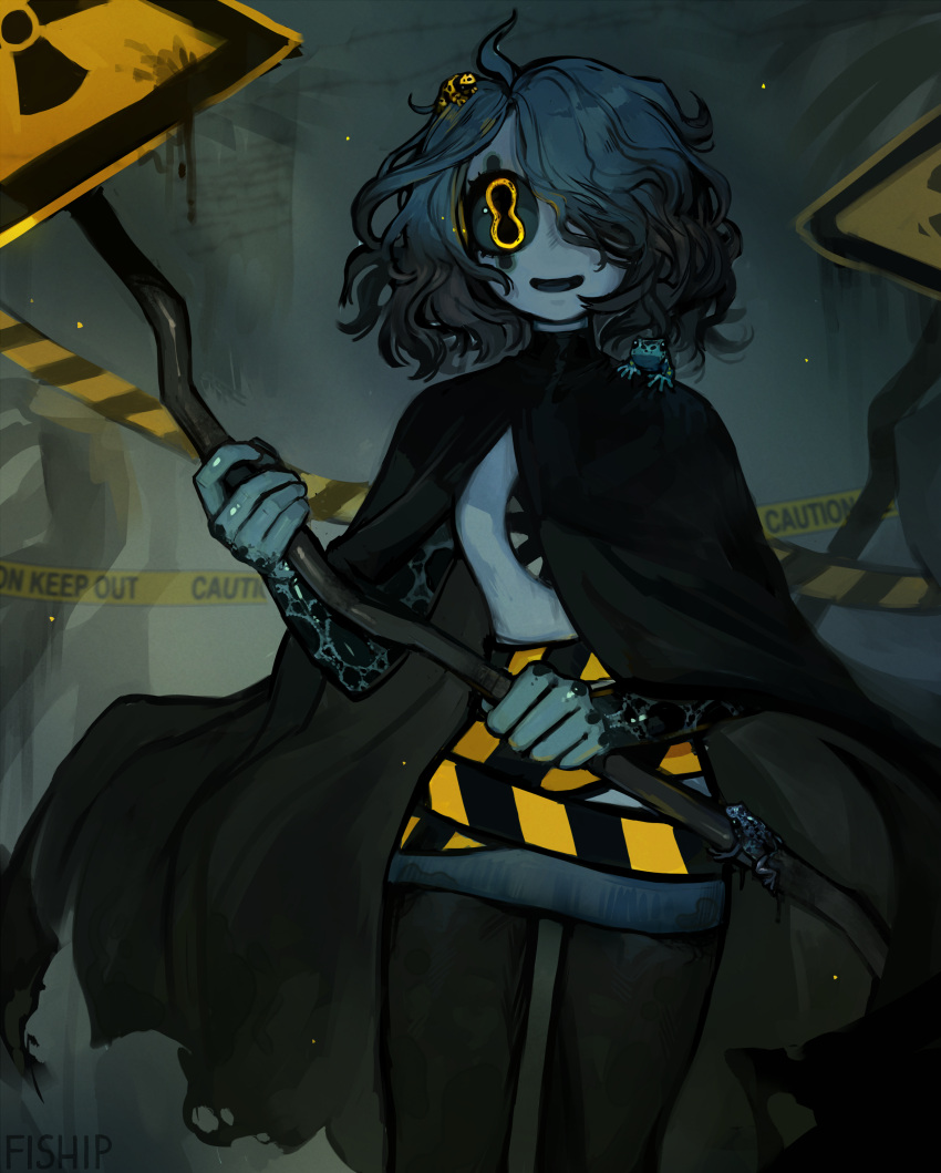 1girl, absurdres, black_cape, blue_hair, blue_skin, cape, cephalopod_eyes, chest_mouth