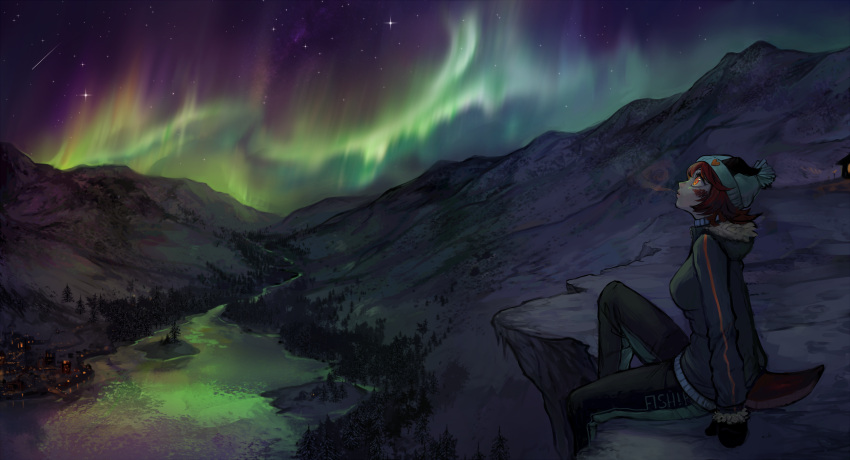 1girl, absurdres, artist_name, aurora, beanie, black_gloves, black_pants, breath