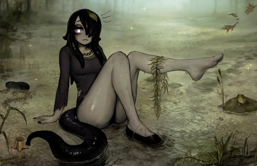 1girl, black_dress, black_footwear, black_hair, black_nails, black_panties, breasts, closed_mouth