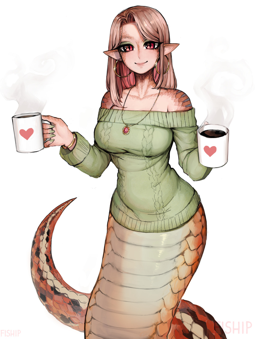 1girl, absurdres, aran_sweater, bangle, bangs, bare_shoulders, bracelet, breasts, brown_hair, coffee_mug, collarbone, cup, earrings, english_commentary, eyeshadow, fingernails, green_sweater, heart, heart_print, highres, holding, holding_cup, hoop_earrings, jewelry, lamia, long_hair, looking_at_viewer, makeup, matilda_fiship, monster_girl, mug, multicolored_hair, narrow_waist, necklace, off-shoulder_sweater, off_shoulder, original, parted_bangs, pendant, pointy_ears, print_mug, red_eyes, redhead, revision, scales, sharp_fingernails, simple_background, slit_pupils, smile, solo, steam, sweater, two-tone_hair, white_background