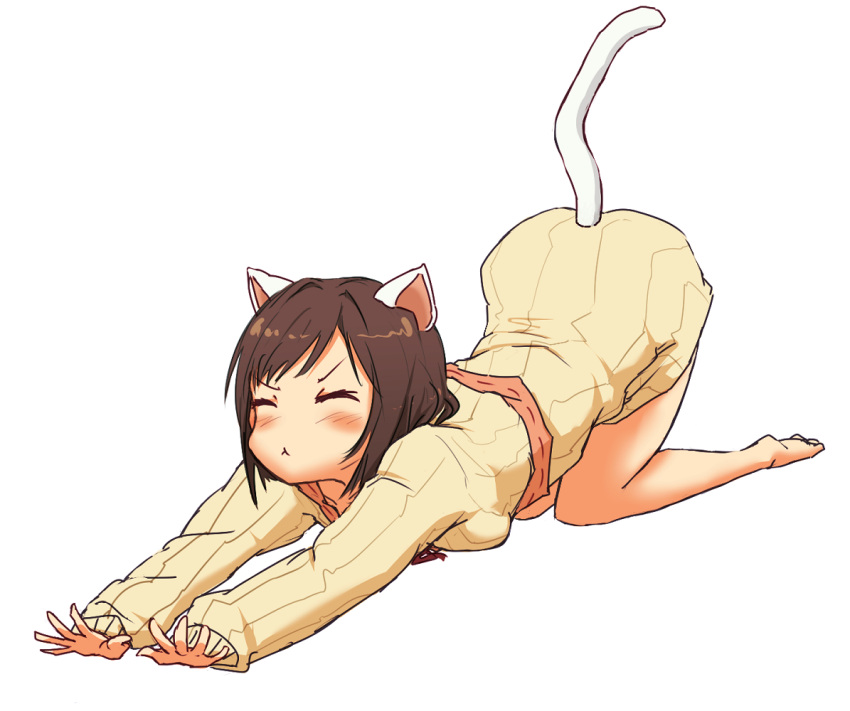 1girl, :<, all_fours, animal_ears, bangs, bare_legs, barefoot, brown_hair, cat_ears, cat_girl, cat_tail, closed_eyes, closed_mouth, commentary, dress, feet, forehead, full_body, idolmaster, idolmaster_cinderella_girls, ito_(itokayu), light_blush, long_sleeves, maekawa_miku, parted_bangs, ribbed_sweater, short_hair, simple_background, solo, stretch, sweater, sweater_dress, tail, white_background