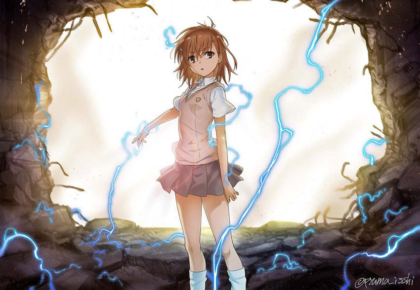 1girl, brown_eyes, brown_hair, dress_shirt, electricity, feet_out_of_frame, grey_skirt, hole