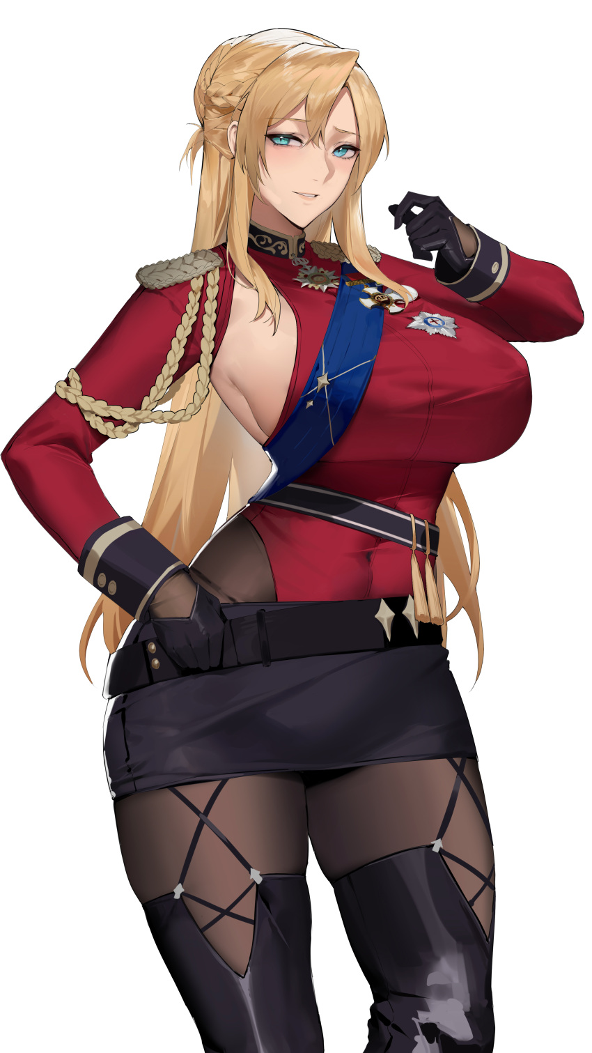 1girl, absurdres, aiguillette, bangs, belt, black_legwear, black_skirt, blonde_hair