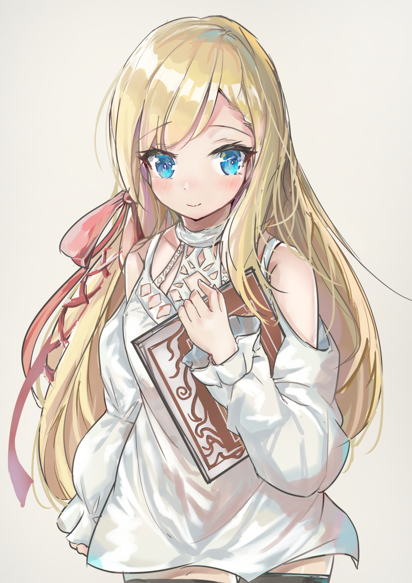 1girl, absurdres, arm_behind_back, bangs, bare_shoulders, blonde_hair, blue_eyes, book, choker, closed_mouth, clothing_cutout, commentary_request, cowboy_shot, eyebrows_visible_through_hair, eyelashes, final_fantasy, final_fantasy_xiv, fishgolden, forehead, hair_over_shoulder, hair_ribbon, hand_up, highres, holding, holding_book, light_blush, long_hair, long_sleeves, looking_at_viewer, minfilia_warde, off_shoulder, parted_bangs, ribbon, single_thighhigh, smile, thigh-highs, thigh_gap, white_background, white_choker, wide_sleeves