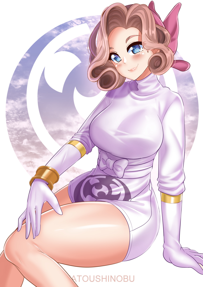 1girl, absurdres, artist_name, bare_legs, blue_eyes, bow, bracelet, breasts