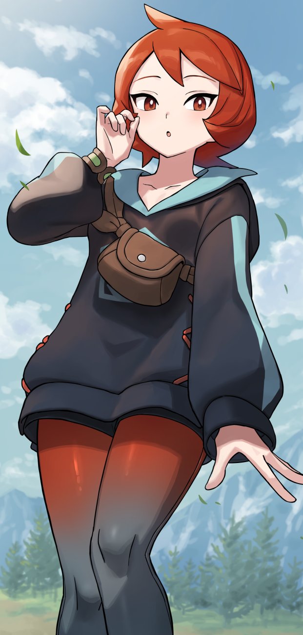 1girl, :o, arezu_(pokemon), bangs, brown_bag, brown_eyes, chorefuji, clouds