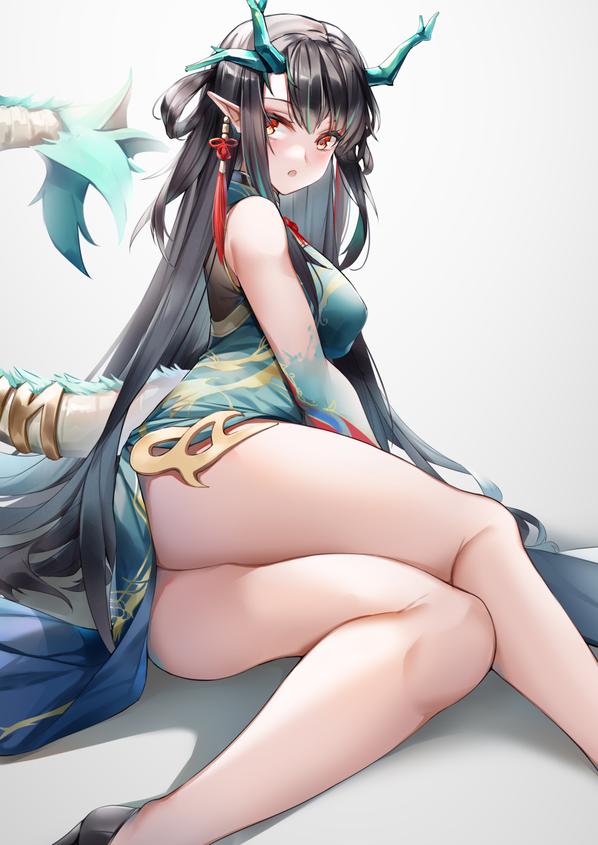 1girl, :o, absurdres, antlers, aqua_dress, arknights, bangs, bare_legs