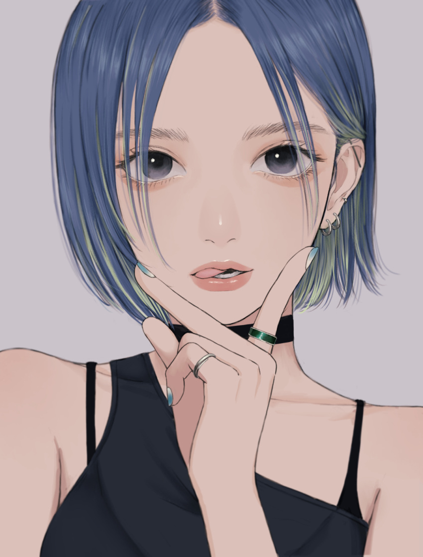 1girl, aqua_nails, bangs, bare_shoulders, black_bra, black_eyes, black_shirt, blue_hair
