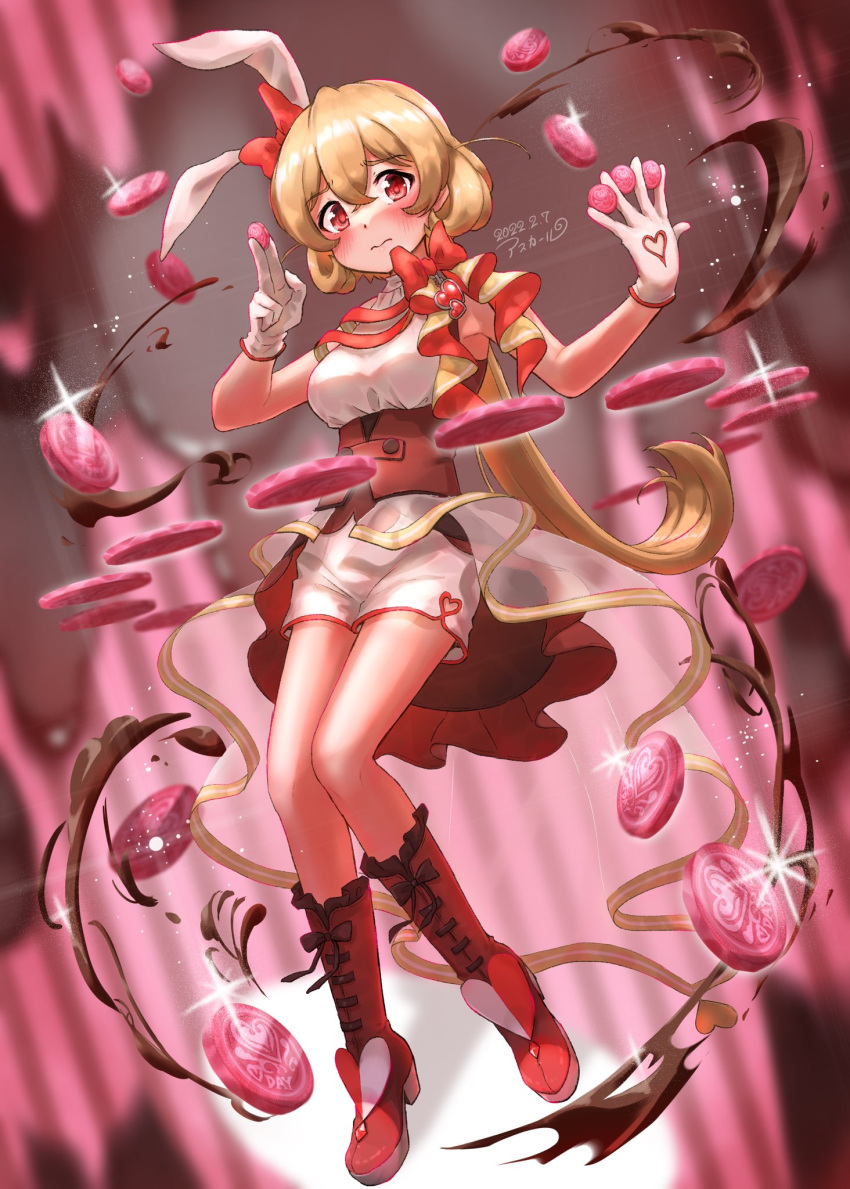 1girl, animal_ears, asukaru_(magika_ru), blonde_hair, bow, chocolate, gloves, hair_ornament, highres, long_hair, low-tied_long_hair, magia_record:_mahou_shoujo_madoka_magica_gaiden, mahou_shoujo_madoka_magica, nanase_yukika, rabbit_ears, red_eyes, solo, valentine