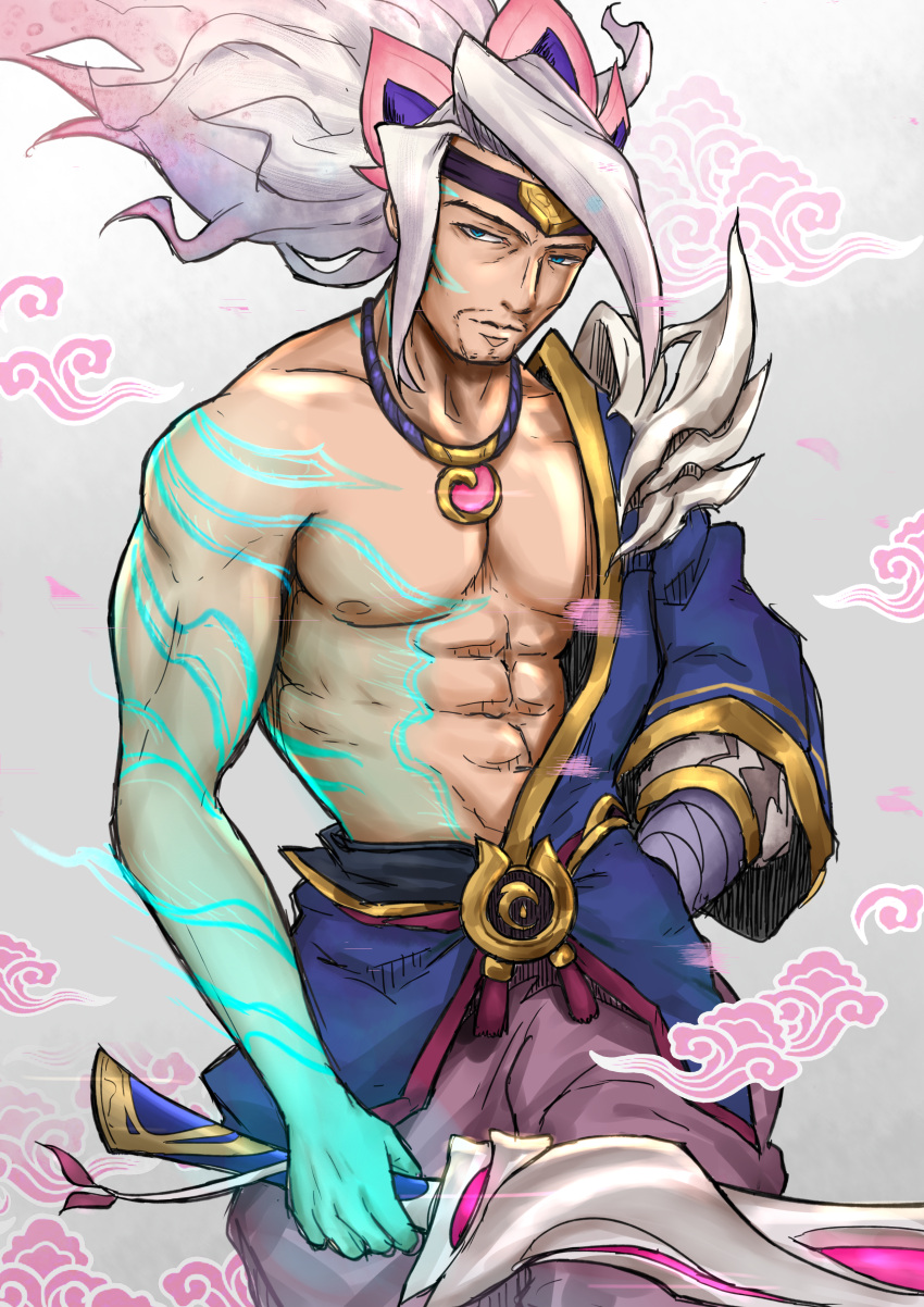 1boy, abs, absurdres, bangs, beard, clothing_request, cloud_print, collarbone