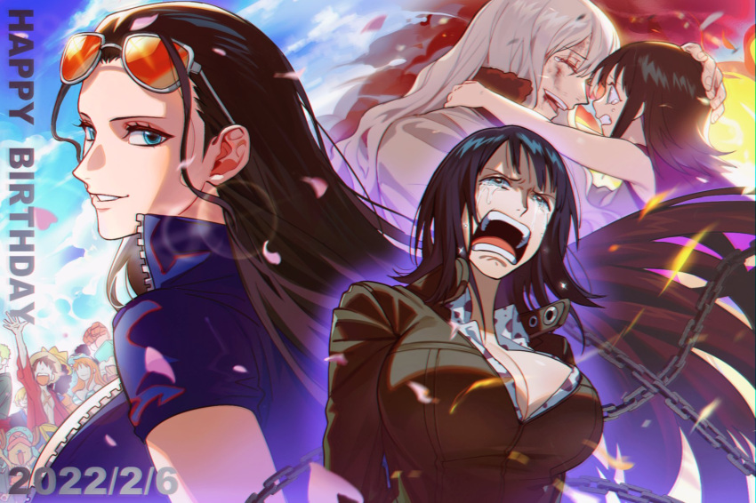 black_hair, blue_eyes, brook, crying, crying_with_eyes_open, eyewear_on_head, franky, happy_birthday