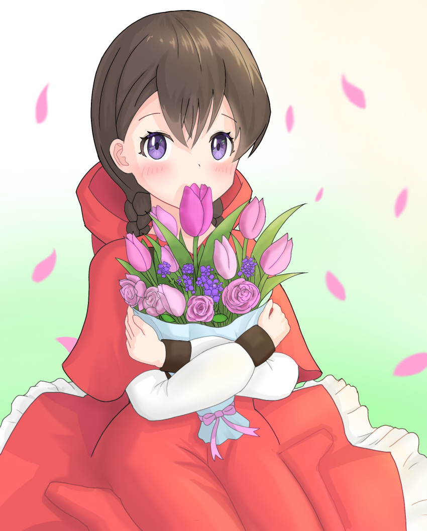 1girl, black_hair, blue_eyes, blush, bouquet, braid, cherry_blossoms, flower