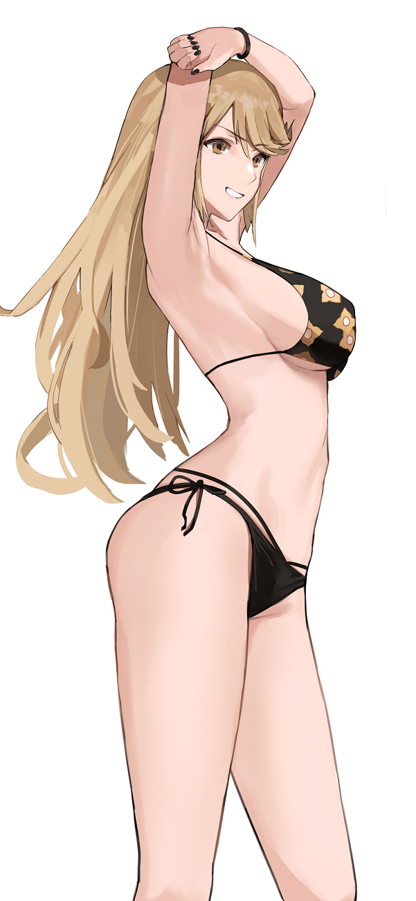 1girl, armpits, arms_up, bangs, bikini, black_bikini, black_nails, blonde_hair