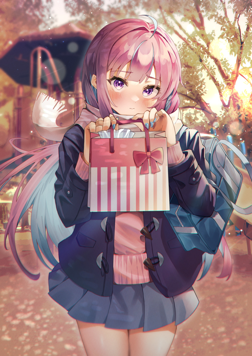 1girl, absurdres, ahoge, arms_up, bag, bandaid, bangs, blue_hair