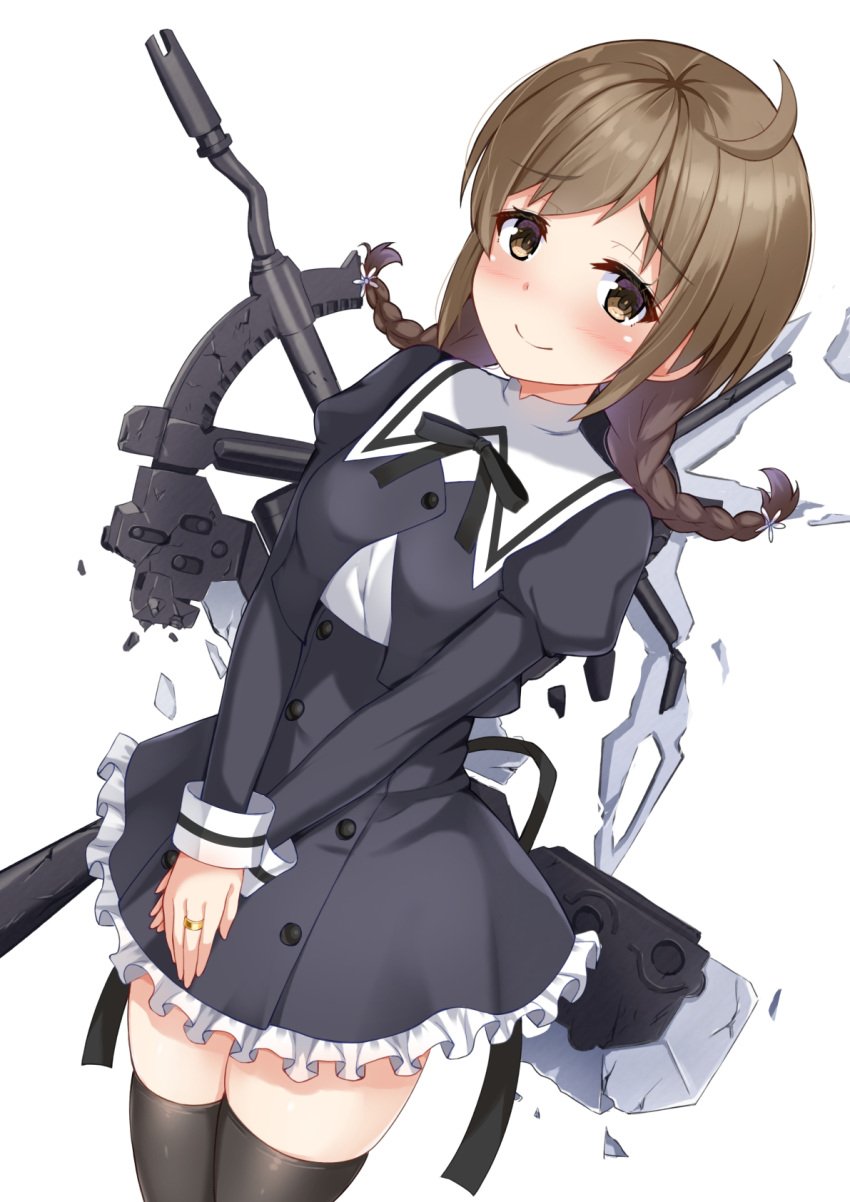1girl, ahoge, assault_lily, bangs, black_legwear, black_ribbon, black_skirt, blush