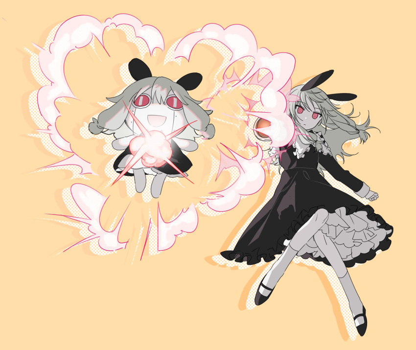 1girl, @_@, aimaina, aimaina_(cosplay), animal_ears, arm_cannon, black_dress, black_footwear