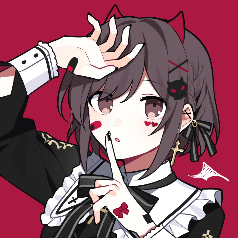1girl, :o, bandaid, bandaid_on_face, bandaid_on_hand, bangs, black_nails, black_ribbon