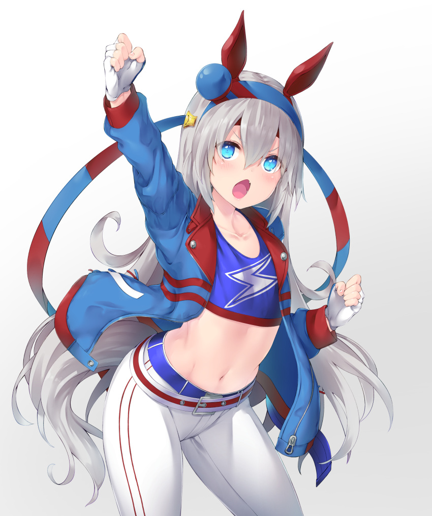1girl, absurdres, animal_ears, arm_up, bangs, blue_eyes, blue_hairband, blue_jacket