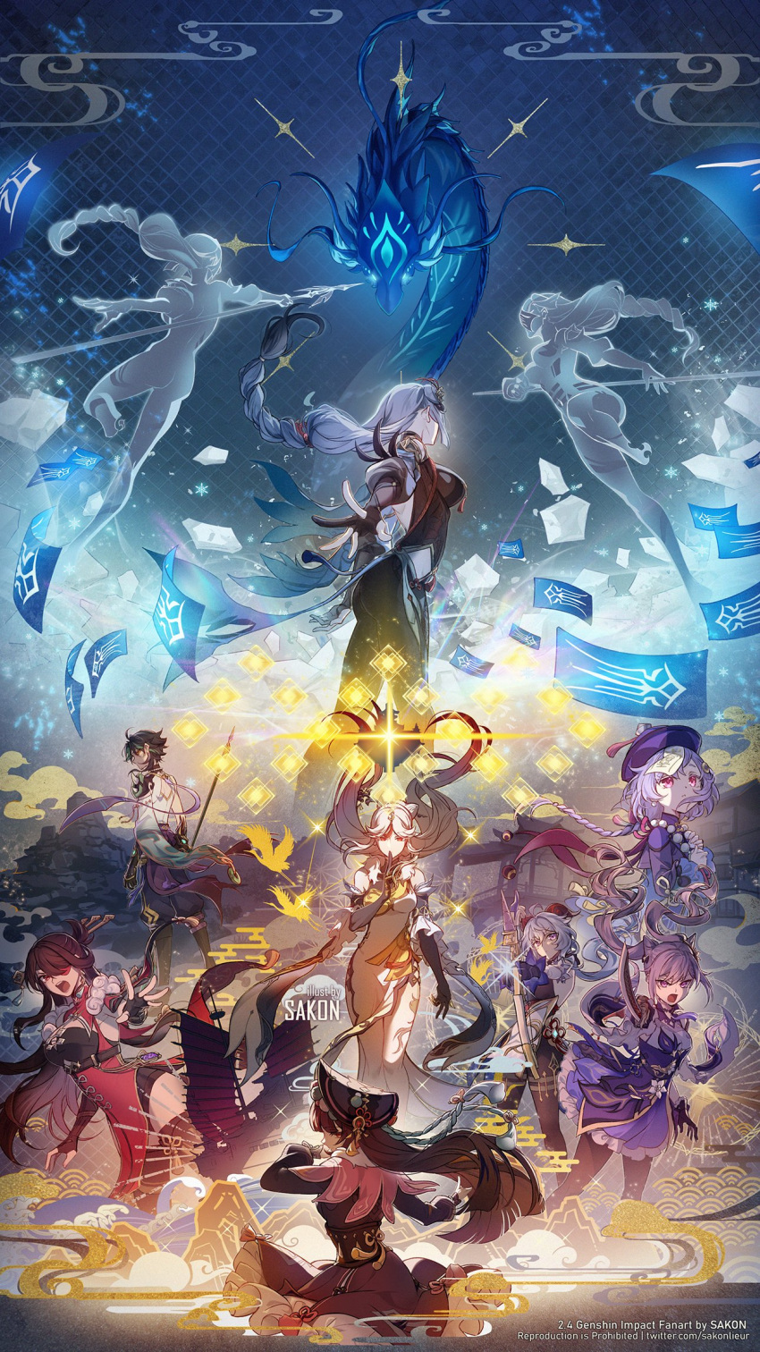 1boy, 2others, 6+girls, back, beidou_(genshin_impact), beisht_(geshin_impact), bird, blue_eyes