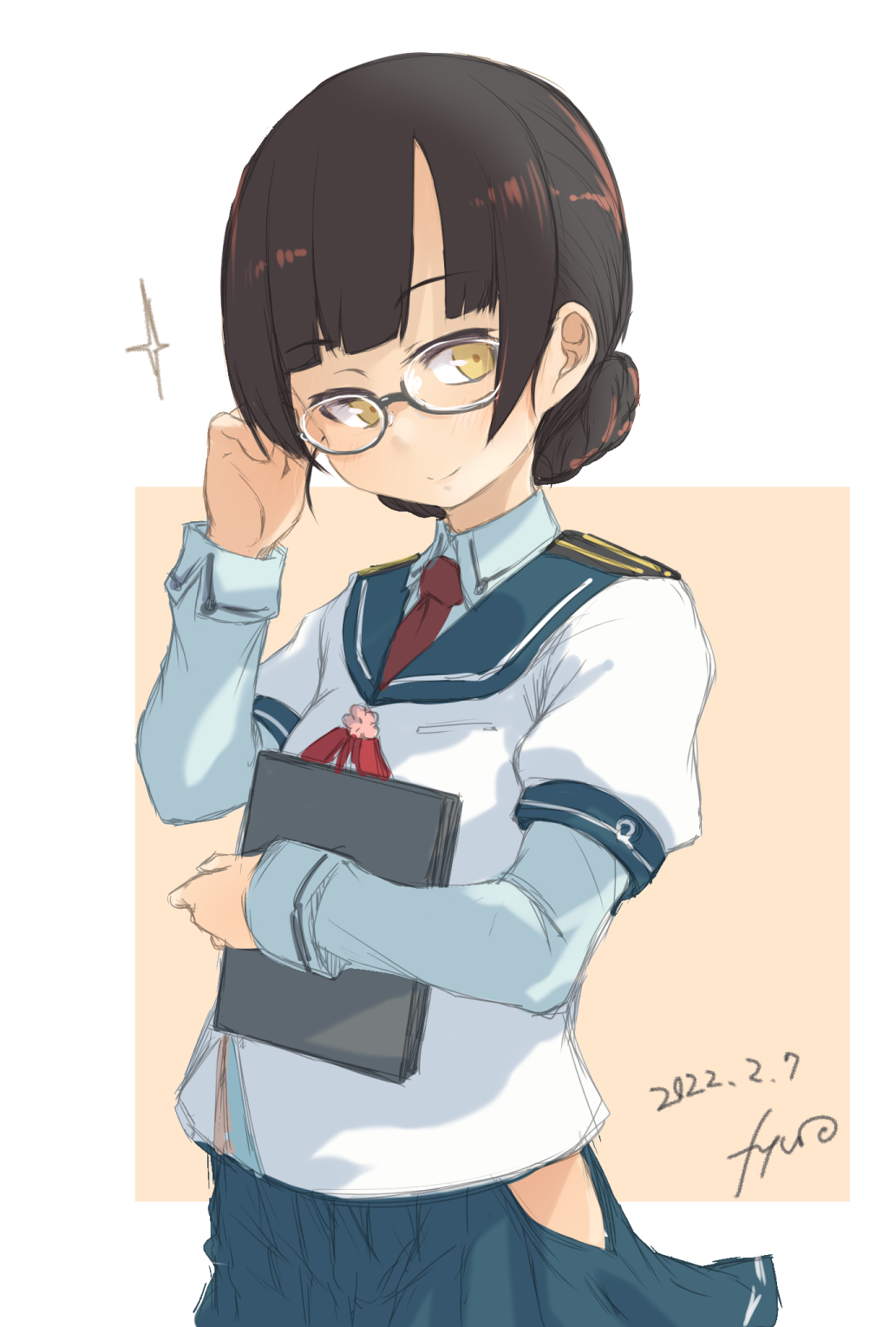 1girl, bangs, bespectacled, blue_skirt, blunt_bangs, braid, brown_eyes, brown_hair