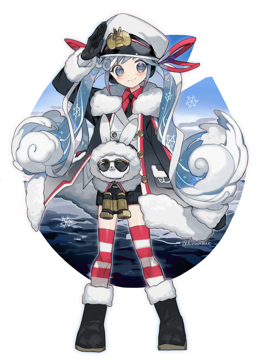 1girl, 1other, absurdres, aviator_sunglasses, black_coat, black_footwear, black_gloves, black_necktie