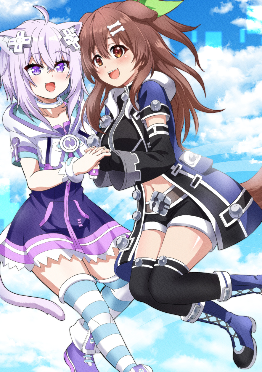 2girls, animal_ears, black_legwear, bone_hair_ornament, breasts, brown_eyes, brown_hair, choker, cosplay, d-pad, d-pad_hair_ornament, fuyumi_kazuki, hair_ornament, happy, highres, hololive, if_(neptune_series), if_(neptune_series)_(cosplay), inugami_korone, medium_breasts, multiple_girls, nekomata_okayu, neptune_(neptune_series), neptune_(neptune_series)_(cosplay), neptune_(series), open_mouth, purple_hair, smile, striped, striped_legwear, tail, thigh-highs, violet_eyes, virtual_youtuber