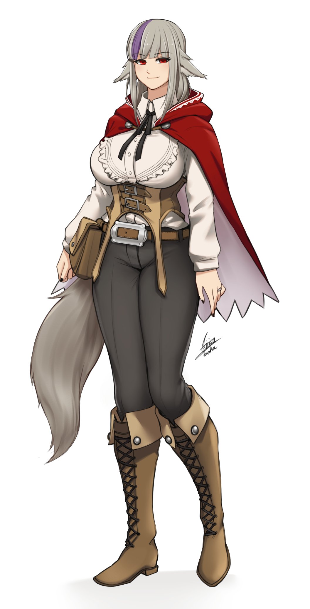 1girl, airisubaka, animal_ears, bangs, belt, belt_pouch, black_nails, black_pants