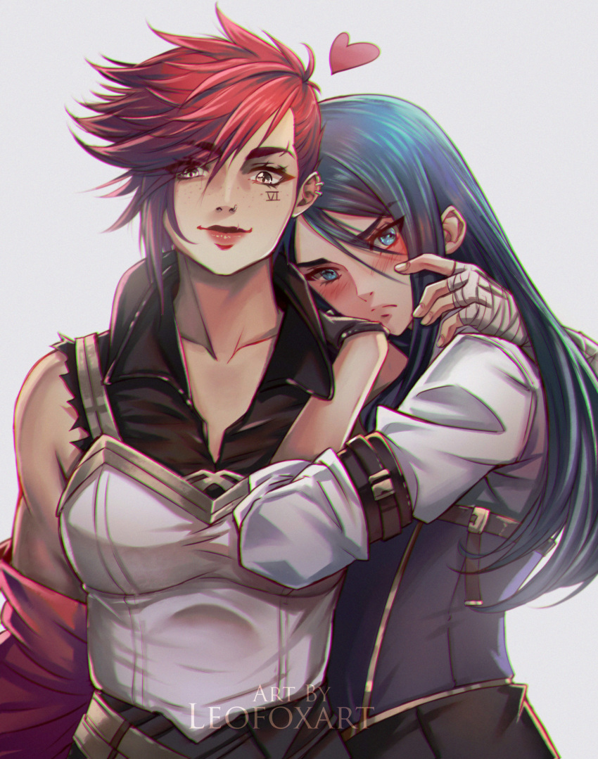 2girls, absurdres, arcane:_league_of_legends, arcane_caitlyn, arcane_vi, blue_hair, blush, caitlyn_(league_of_legends)