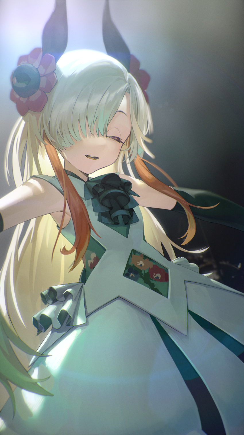 1girl, ascot, backlighting, black_gloves, closed_eyes, cowboy_shot, dress, elbow_gloves
