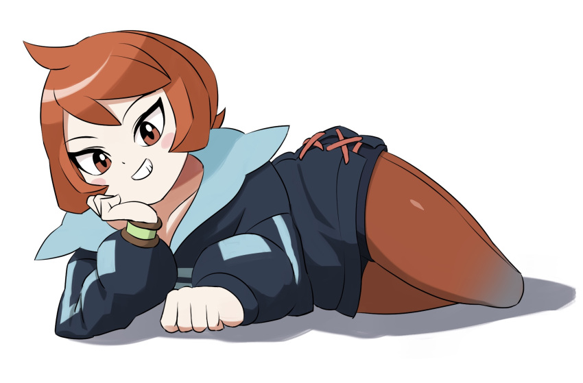 1girl, arezu_(pokemon), bangs, blue_jacket, blush_stickers, bracelet, brown_eyes, brown_hair
