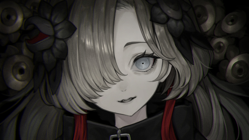1girl, black_coat, close-up, coat, commentary_request, constricted_pupils, eyeball, face, fangs, hair_ornament, hair_over_one_eye, highres, histoire-ange, horror_(theme), isekai_joucho, kamitsubaki_studio, limited_palette, looking_at_viewer, multicolored_hair, parted_lips, redhead, silver_hair, smile, solo, two-tone_hair, upper_body, virtual_youtuber