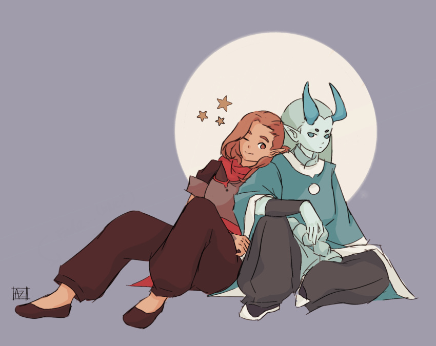 2boys, absurdres, aqua_eyes, aqua_horns, aqua_skin, black_footwear, black_pants, brown_eyes