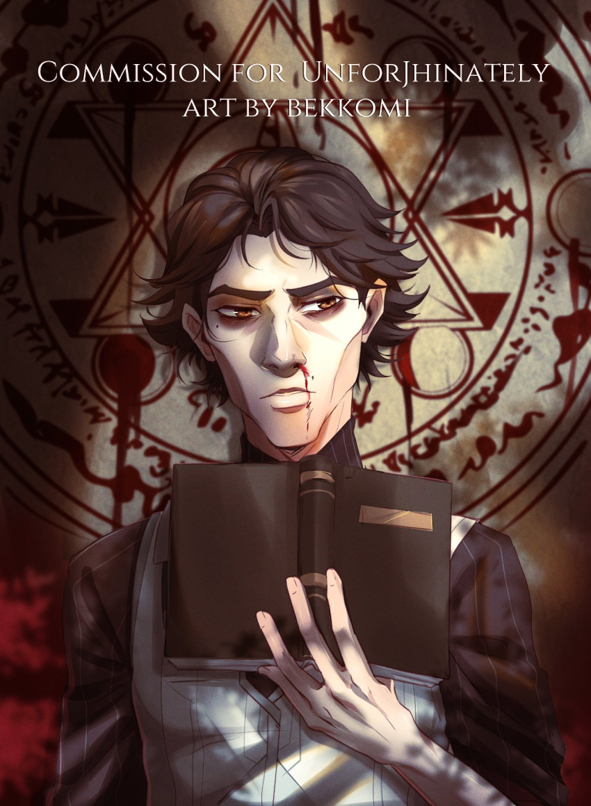 1boy, arcane:_league_of_legends, arcane_viktor, artist_name, bangs, bekkomi, black_shirt, blood, book, brown_background, brown_eyes, brown_hair, commission, english_text, hand_up, highres, holding, holding_book, league_of_legends, male_focus, nosebleed, open_book, shirt, short_hair, solo, striped, striped_shirt, upper_body